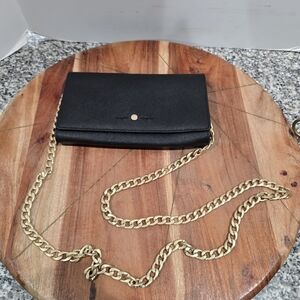 J. Crew Leather Crossbody Clutch WalletBlack with Gold Chain NEW